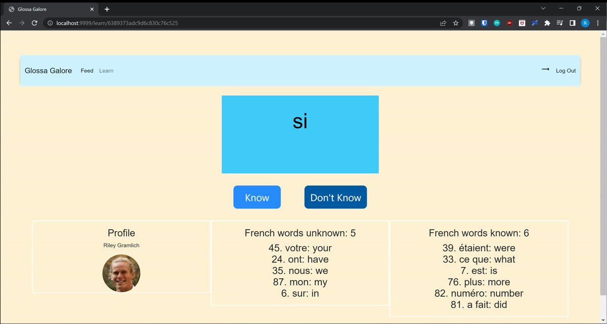 Glossa Galore flashcard view