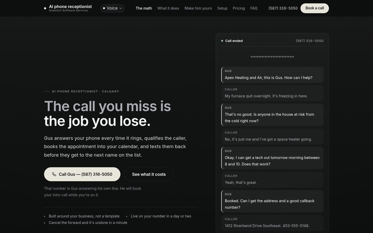 The AI receptionist site, showing a call transcript