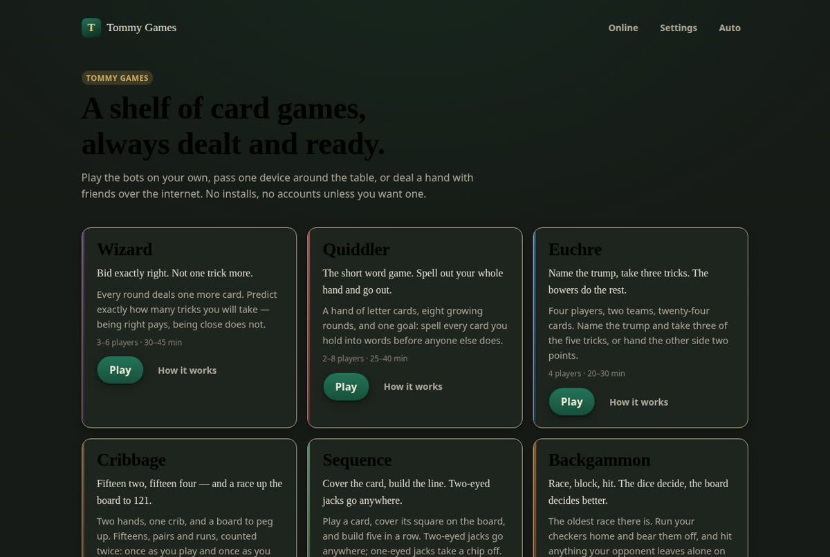 The Tommy Games shelf: Wizard, Quiddler, Euchre, Cribbage and more